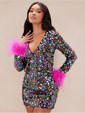 Fashion Nova Multicolor Sequin Mini Dress with Pink Feather Cuffs